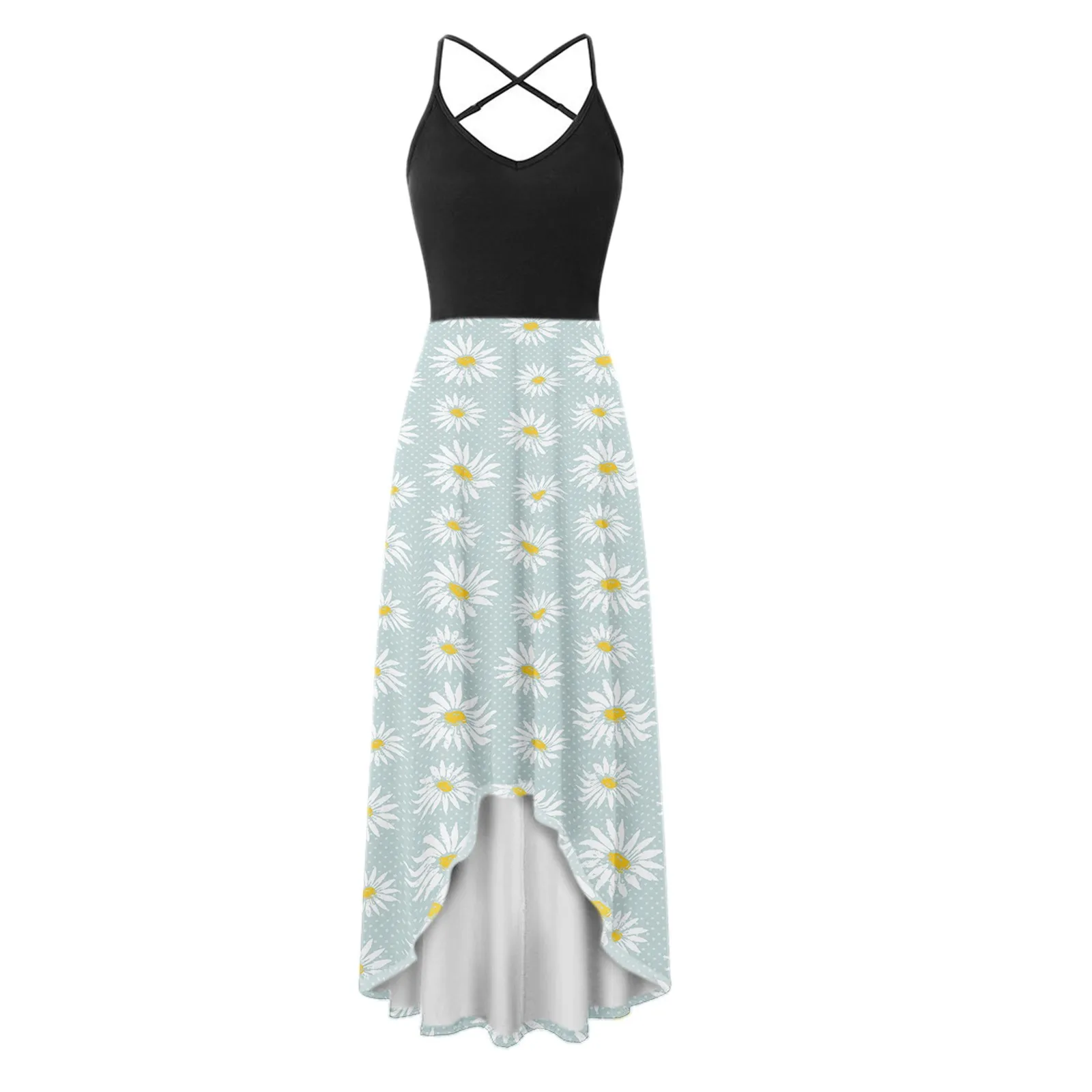 

40# Bohemian Asymmetrical Summer Dress Halter Elegant Straight Floral Print Dresses Spagetti Strap V-neck Sleeveless Dress