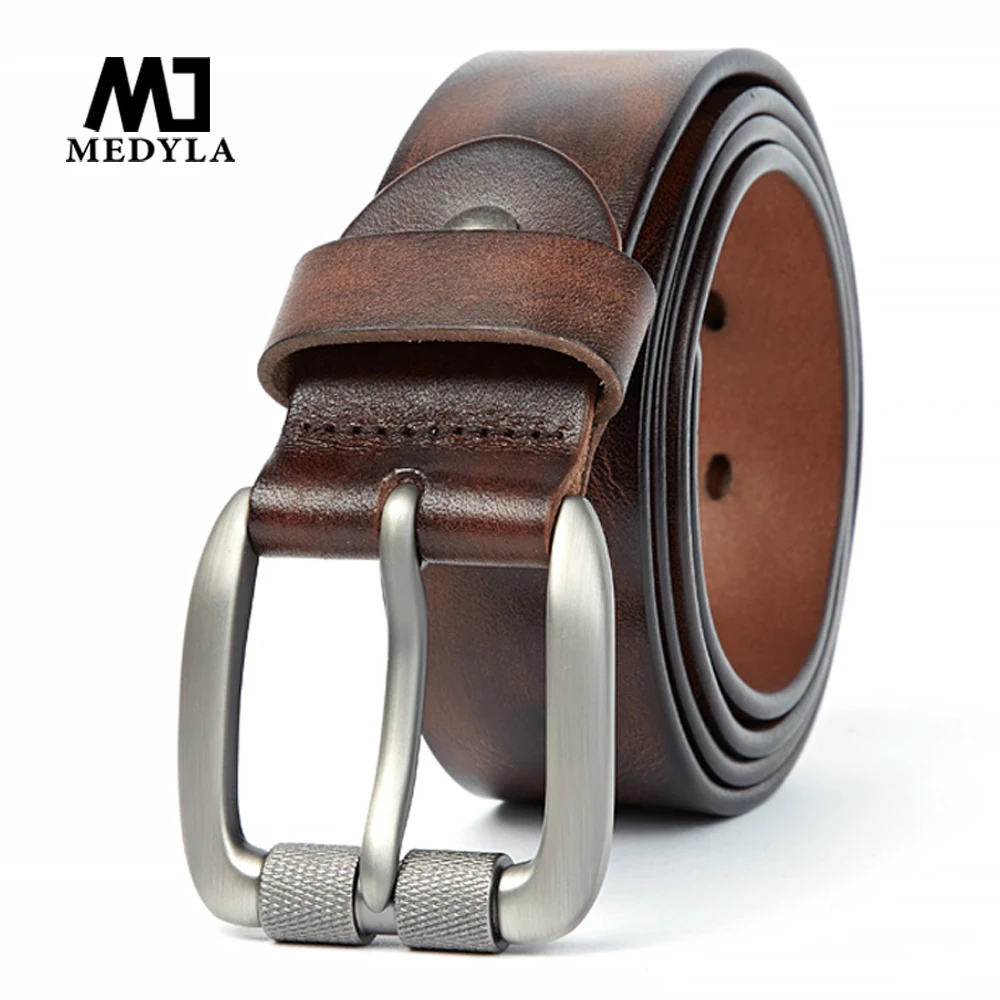 MEDYLA Genuine Leather Men's Belt Natural Skin Alloy Pin Buckle Belt Tanned Washed Fashion Casual Cowhide Belt DSW90410