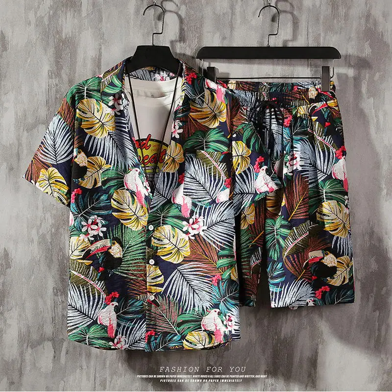 

Мужской комплект из гавайской рубашки с коротким рукавом и шортов, летняя повседневная Пляжная рубашка с цветочным принтом, костюм из двух ...