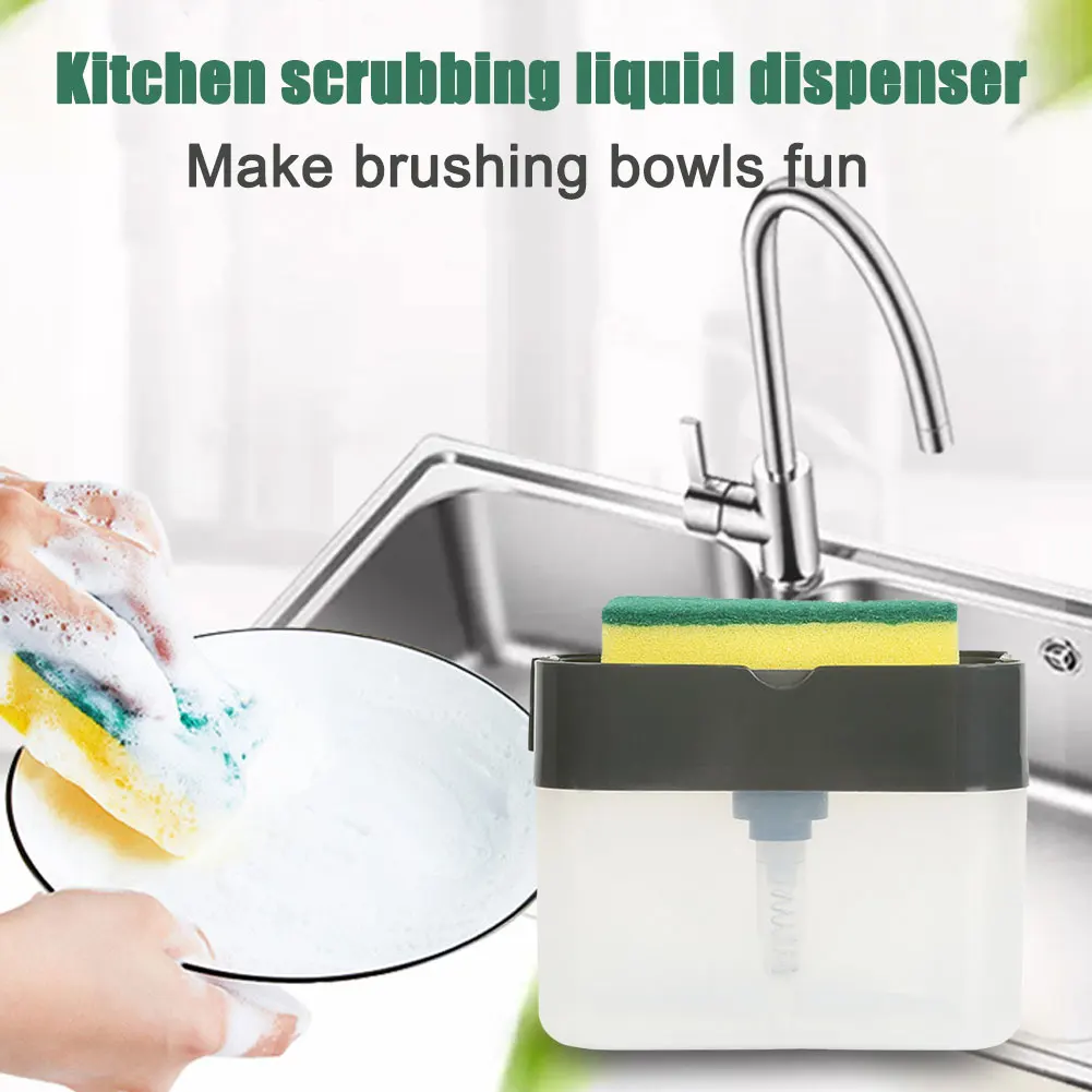 

2 in 1 Scrubbing Liquid Detergent Dispenser Press-type Liquid Soap Box Pump Organizer with Sponge Kitchen Tool Clean Supplies