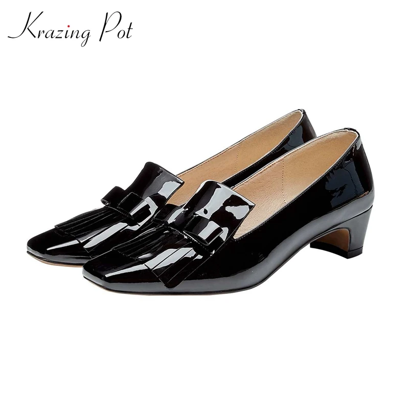 

Krazing pot french romantic cow patent leather butterfly-knot fringe square toe med strange heel slip on beauty lady pumps L13