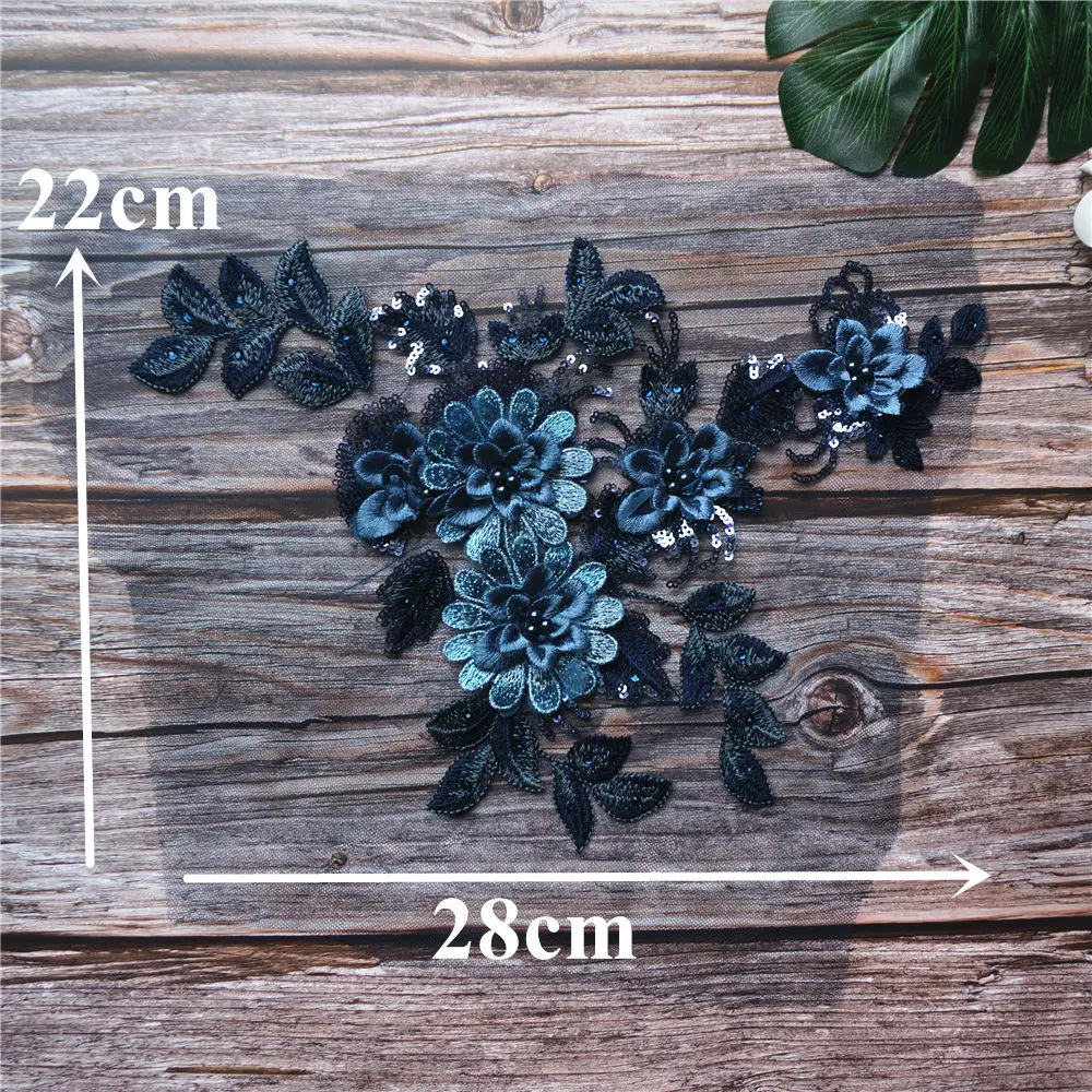Navy Blue Sequin Beads 3D Flower Lace Fabric Embroidered Gown Appliques Collar Mesh Sew Patch For Wedding Decoration Dress DIY | Дом и сад