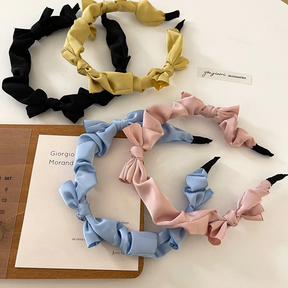 

2021 New Retro Bow Satin Hair Hoop Thin Headband Individuality Pleated Headband Fresh Female Trendy Adult Hair Accessories