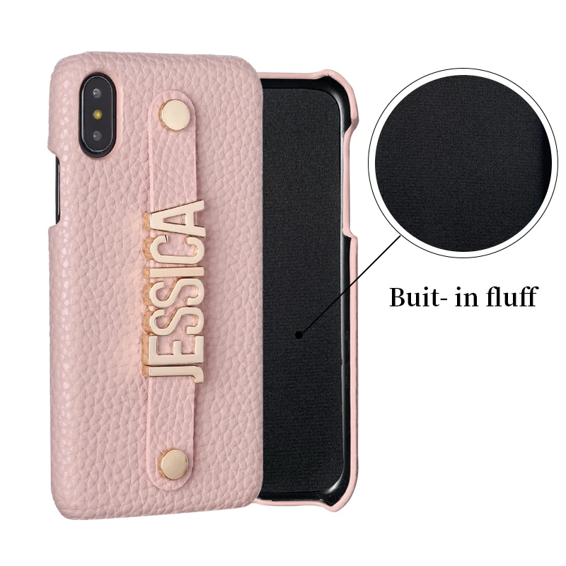 Holding Strap Metal Personalization Your Name Pebble Grain  Leather Genuine For iPhone14 14ProMax 14Plus 13Promax 13 12 11