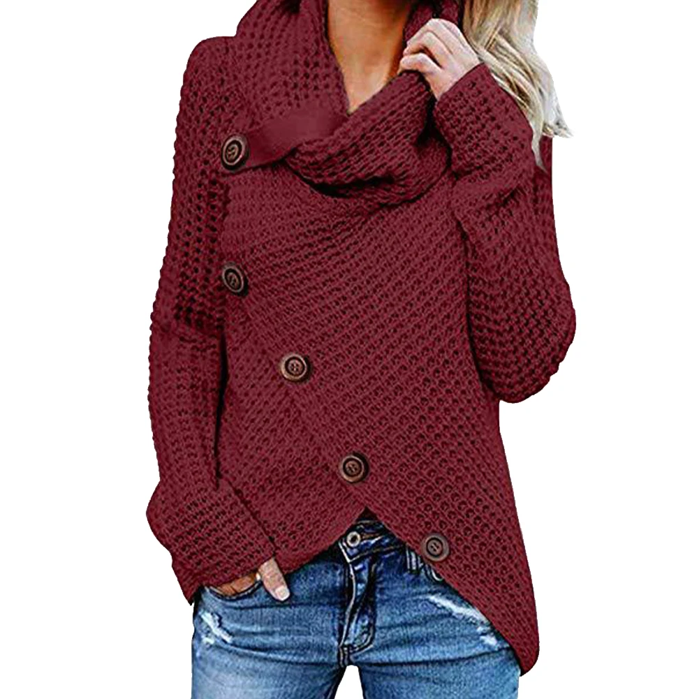 Warm High Collar Button Party Hip Long Sleeve Shopping Casual Solid Daily Autumn Winter Women Sweater Loose Dating | Женская одежда