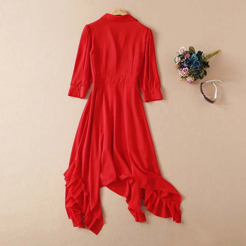 Женское платье с отложным воротником весенне-летнее однотонное красное