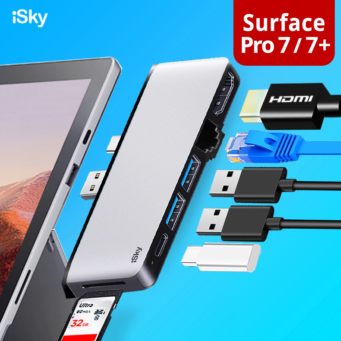 

iSky Microsoft Surface Pro 7 Hub Adapter Docking Station HDMI-compatible RJ45 LAN USB3.0 USB-C SD TF Surface Pro7 Hub SP7