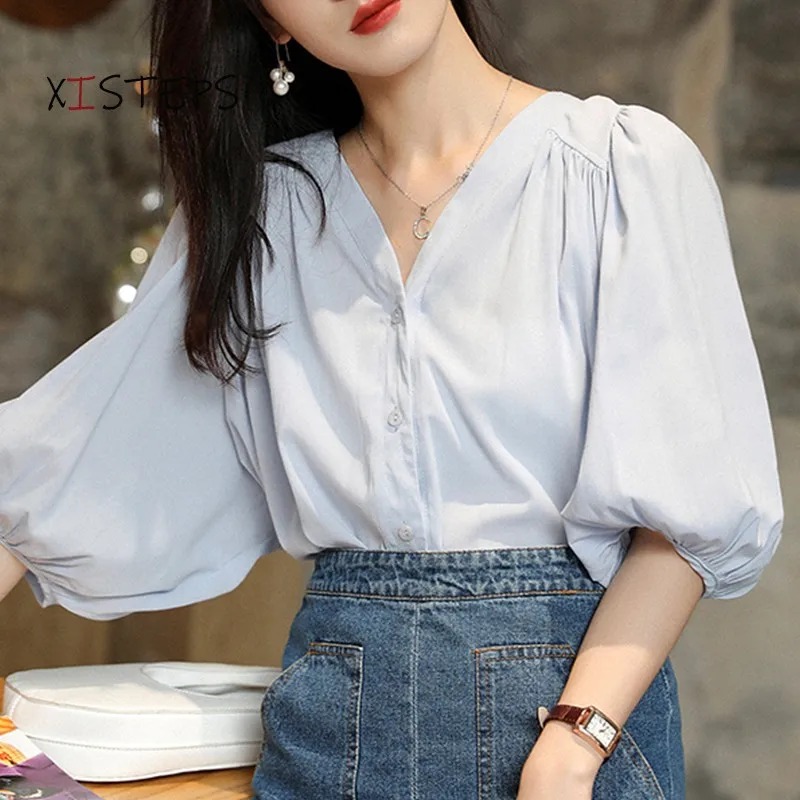 Summer V-neck Chiffon Blouses For Women 2021 Fashion Puff Sleeve V-neck Shirts Pink Blue White Tops Streetwear Clothes Plus Size