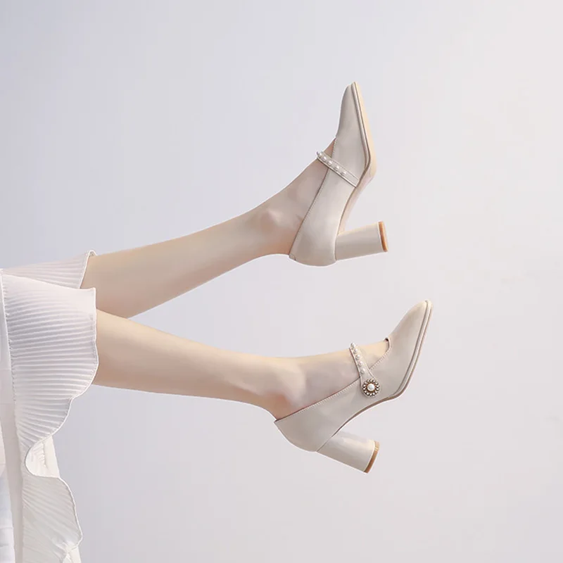 

Женские туфли на толстом каблуке, туфли-лодочки с жемчугом и высоким каблуком, женская обувь Мэри Джейн, новинка весны-лета 2021, роскошные диз...