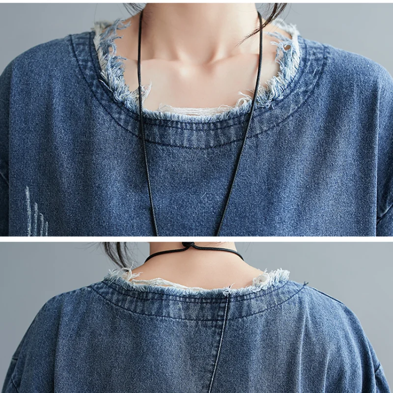 

Autumn New Loose Large Size Over The Knee Long Round Neck Denim Dress Female Hidden Meat Was Thin and Old Stitching Long Skirt