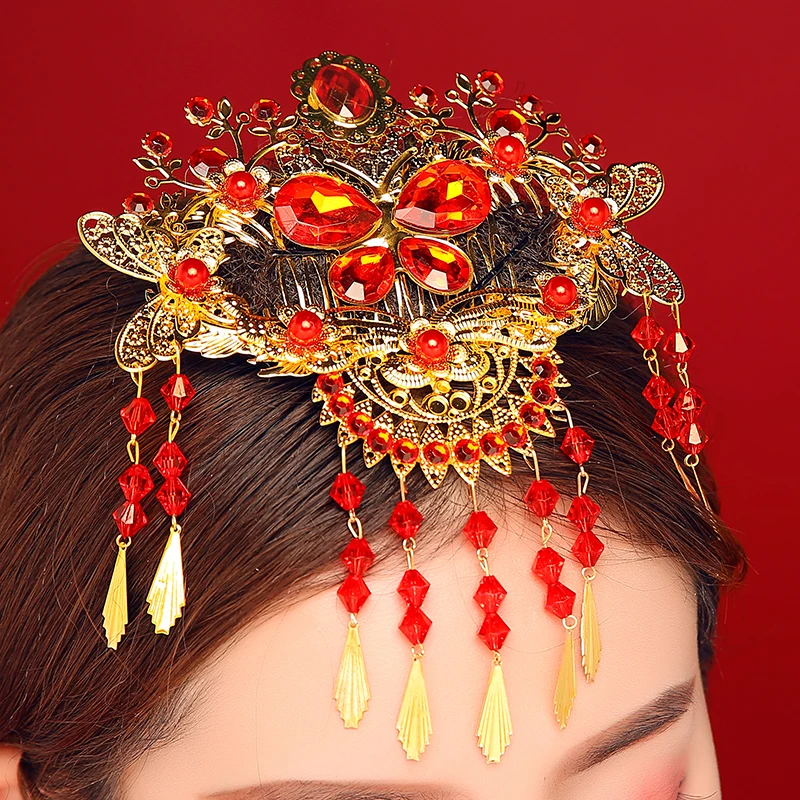 Женские свадебные аксессуары для волос в китайском стиле красные Кристальные