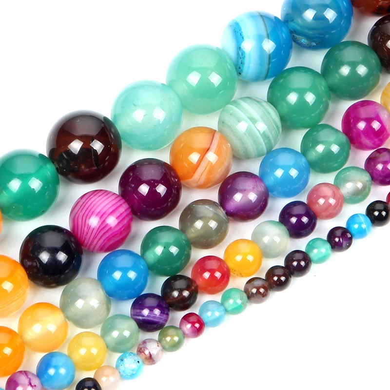 15 &quotнитевые бусины из натурального камня гладкие смешанные полосатые Агаты