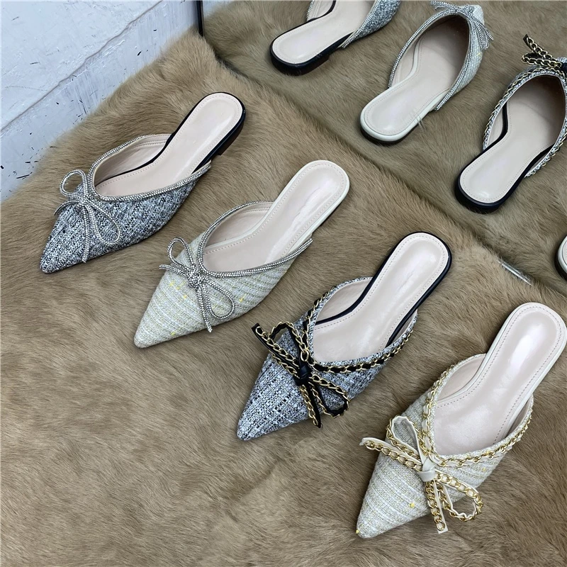 

New Pointed Toe Rhinestone Slippers Bow Flat Lazybones' Mules Sexy Toe Cap Semi Slipper Women's Outer Wear