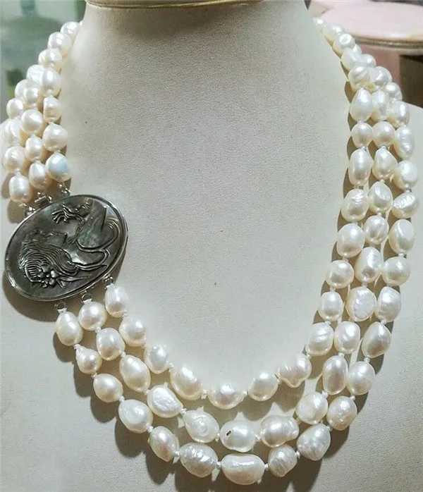 

HABITOO Vintage 3 Rows 8-9MM Natural White Baroque Freshwater Pearl Necklace for Women Jewelry 18-20 inch Head Sculpture Clasp