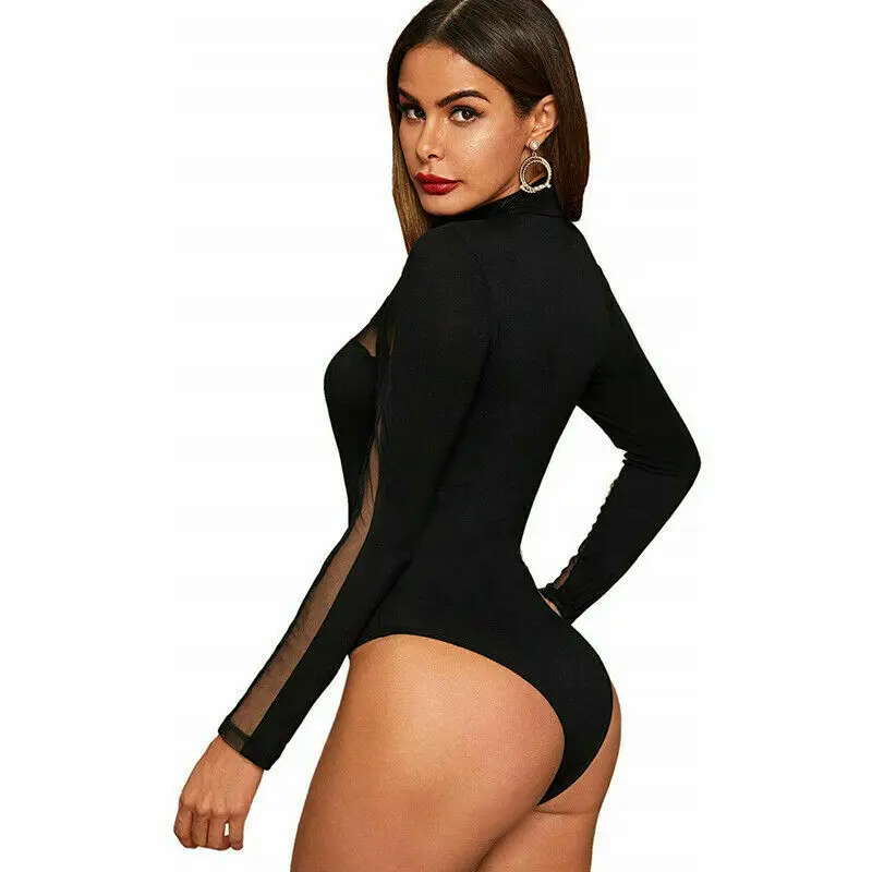 

Womens Sexy Mesh Sheer Body suit Ladies Turtleneck Spring Long Sleeve Leotard Tops Jumpsuit 6-16