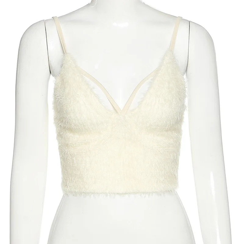 

Y2K Aesthetic Sexy Plush Spaghetti Strap Cami Top V-Neck Sling Vest Sleeveless Tops Women High Street Female Summer Clothes