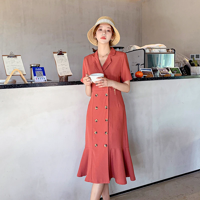 

Elegant Summer Short Sleeve Blazer Mermaid Dress For Women Solid Color Double Breasted Fishtail Dress Lady Office Wear Vestidos