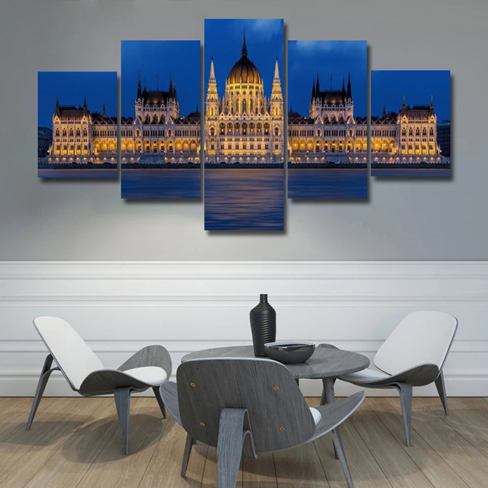 

Modern Canvas Living Room Pictures Painting Wall Artwork 5 pcs Night view of European castle HD Printed Modular Poster