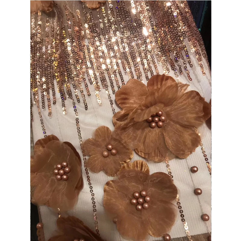 

Latest Design African Lace Fabric 5 Yards Polyester Flowers Decoration Stripe With Round Beads Fabrics For Holiday Dress