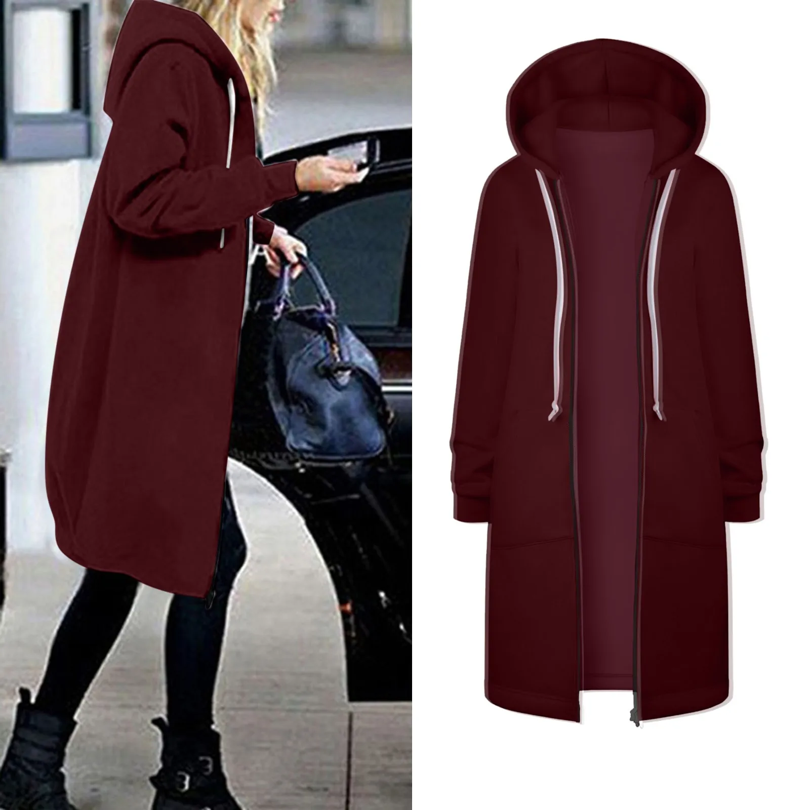 

Lady Solid Color Long Sleeve Casual Hooded Sweatshirt Coat Zipper Outwear Plus Size Outwear Top Women Jacket Autumn Clothes #T1G