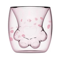 cat claw cup creative coffee mug cartoon cute milk juice home office cherry pink transparent double glass paw cup