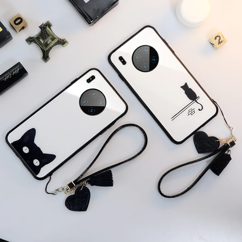 

Case & Strap For Huawei Mate 30 Pro phone Cases For Huawei Mate 30 Lite fashion slim cartoon cat Tempered Glass Hard back Cover
