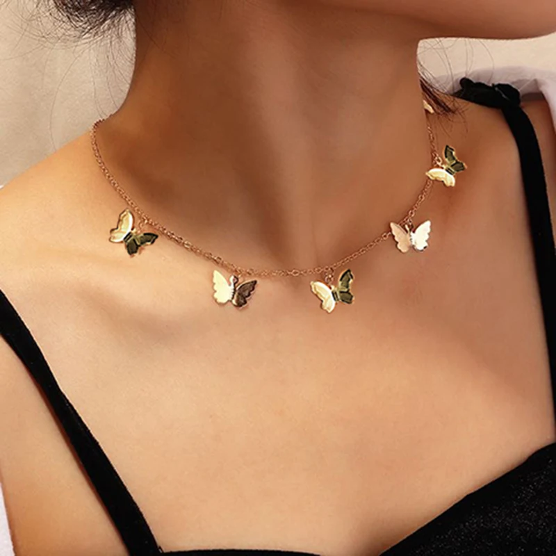 

Gold Chain Butterfly Pendant Choker Necklace Women Statement Collares Bohemian Beach Jewelry Gift Collier Cheap
