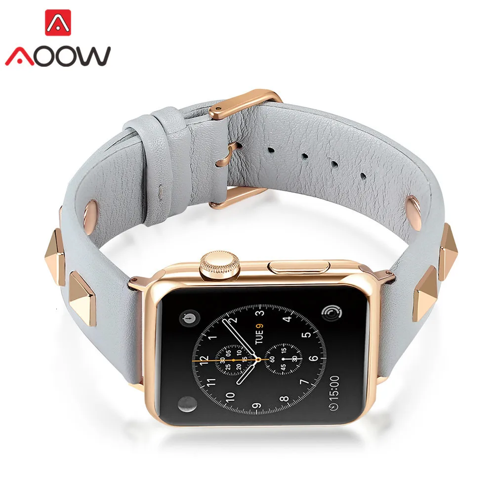 Ремешок для часов из натуральной кожи для Apple Watch 38 мм 40 мм 42 мм 44 мм модный ремешок с заклепками для iwatch 12 3 4 Мужской Женский браслет