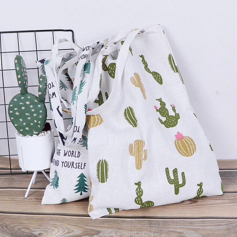 

1PCS Cotton Linen Eco Shopping Tote Shoulder Bag Fashion Durable Cactus Tree Printed Shopping Bags 30*42cm