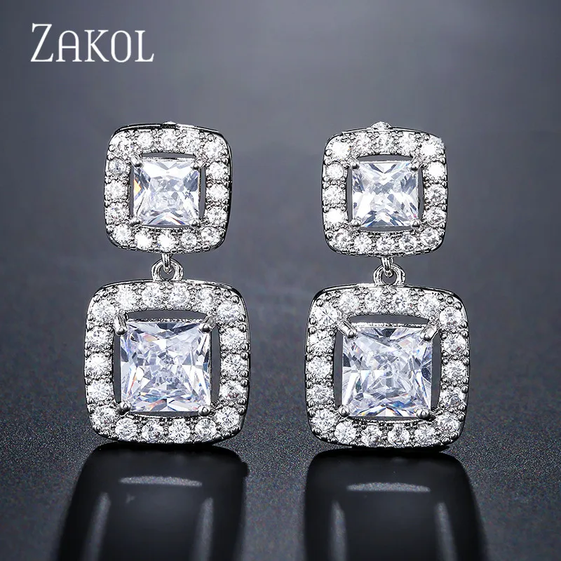 ZAKOL модные высококачественные квадратные висячие серьги с фианитами для женщин