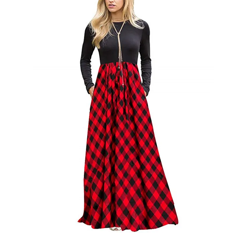 

Women's Plaid Long Sleeve Empire Waist Full Length Maxi Dress with Pockets