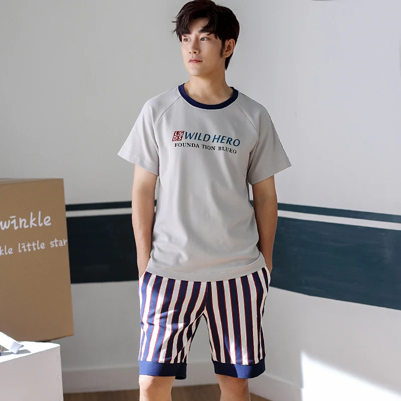 

Женский летний пижамный комплект, Мужская пижама из 100% хлопка с принтом букв, топ, полосатые шорты, повседневная одежда для сна, Мужская одеж...