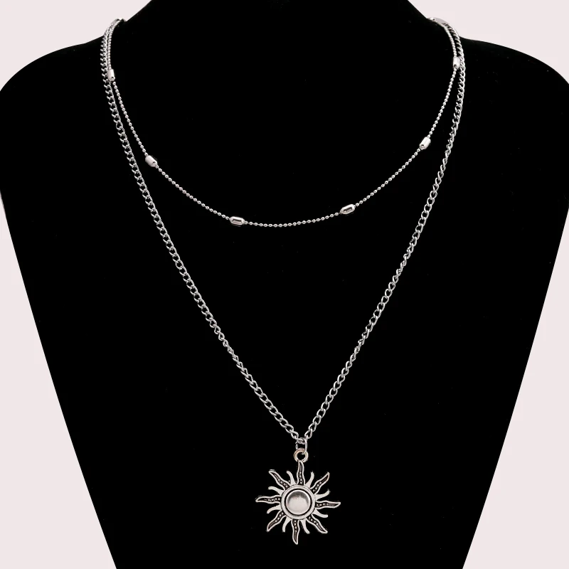 

Vintage Silver Color Small Beaded Chain Sun Pendants Necklaces for Women Retro Jewelry Femme Bijoux Colar Party Gifts