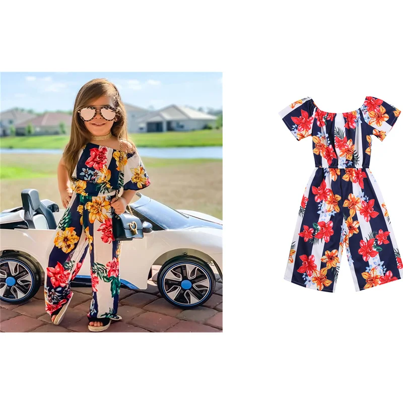 

2021 Fashion Newborn Toddler Baby Girl Clothes Off Shoulder Floral Print Short Sleeve Jumpsuit Baby Summer Clothing 1-5Y