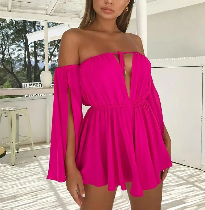 

Bohotcotol European and American new women's sweet off-the-shoulder halter open chest open sleeve dress 2020 explosion