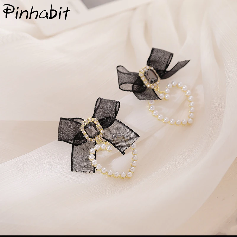 

Pearl Lace Bow Knot Drop Earrings Black Sweet And Cute Girl Big Earring Heart-Shaped Princess Style Earrings Gift For Friend