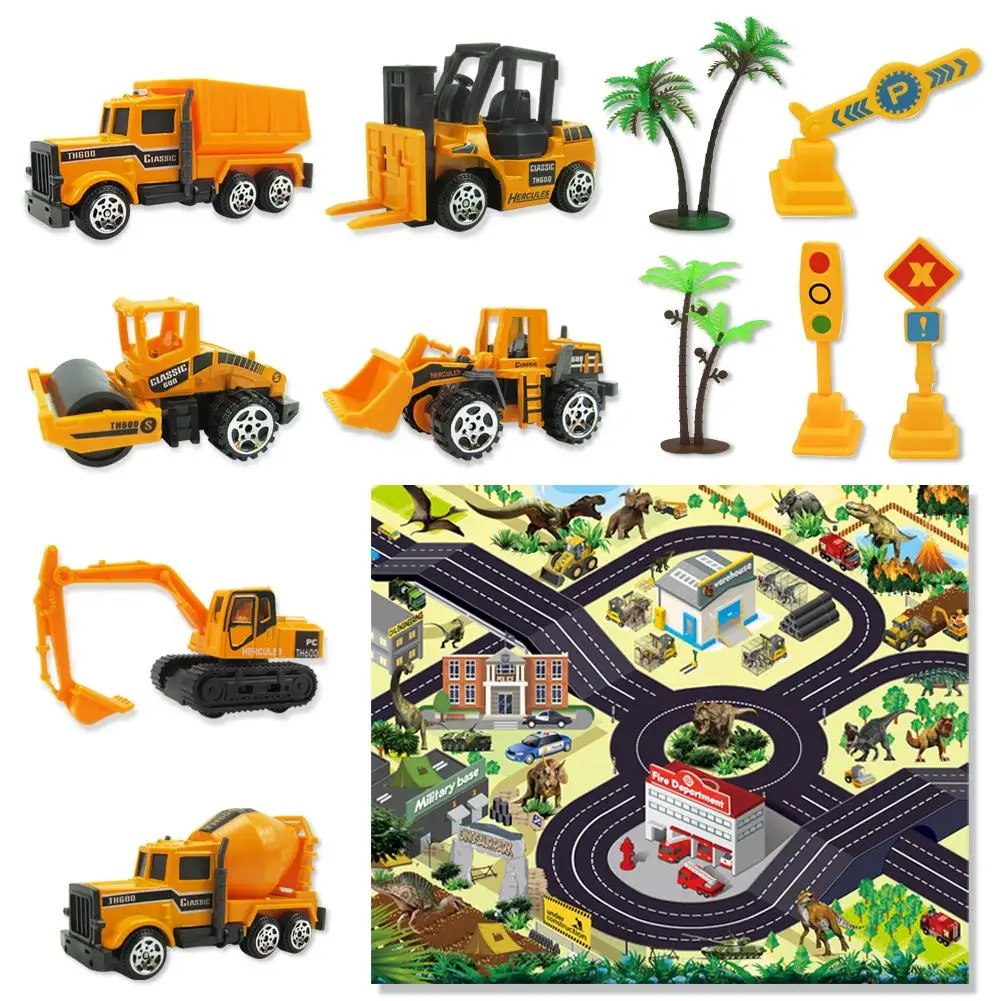 

12pcs Alloy Engineering Car With Game Pad Mini Model Vehicle Road Sign Educational Toy Children Party Decoration Birthday Gift