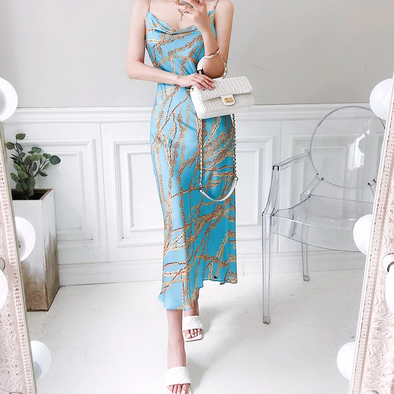 

COIGARSAM Fashion Print Women dress New Summer Spaghetti Strap Dresses Design And Color 2127