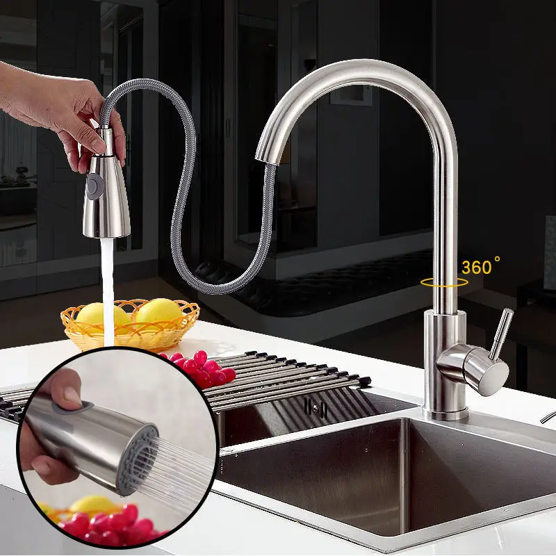 

Brass Stainless Steel Black Kitchen Faucet Two Function Single Handle Pull Out Mixer Hot And Cold Water Taps Deck Mounted