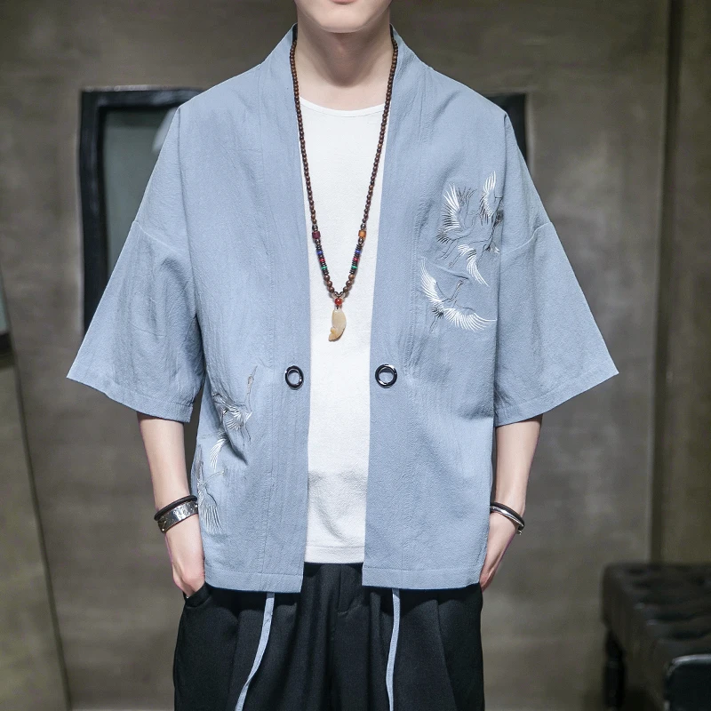 

Kimono New Japanese Style Traditional Men Women linen Shirt embroidery Loose Coat Five Point Sleeves Printing Cardigan Yukata