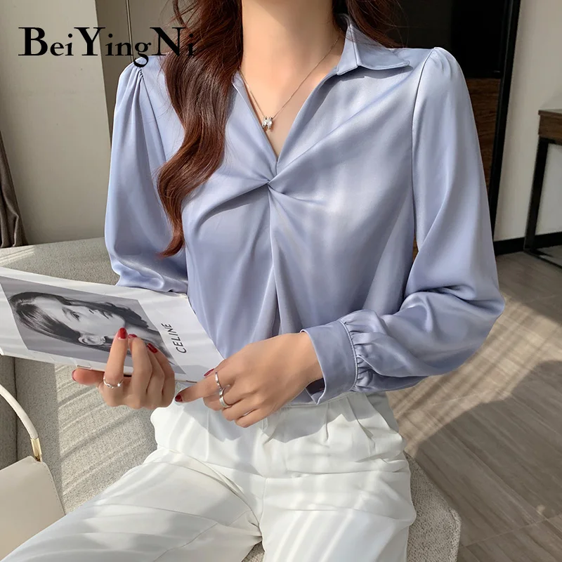 

Beiyingni Women Blouses Silk Satin Elegant High Street Female Tops Blusas Vintage Korean Fashion OL Simple Blouse Shirts Ladies