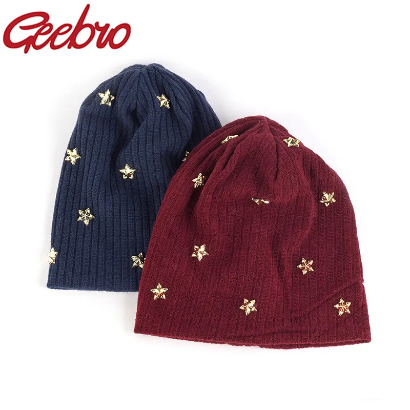 

Geebro Women Winter Knitted Soft Beanies Men Autumn New Casual Cotton Star Baggy Skullies Caps Slouchy Bonnet Wide Ribbed Hats