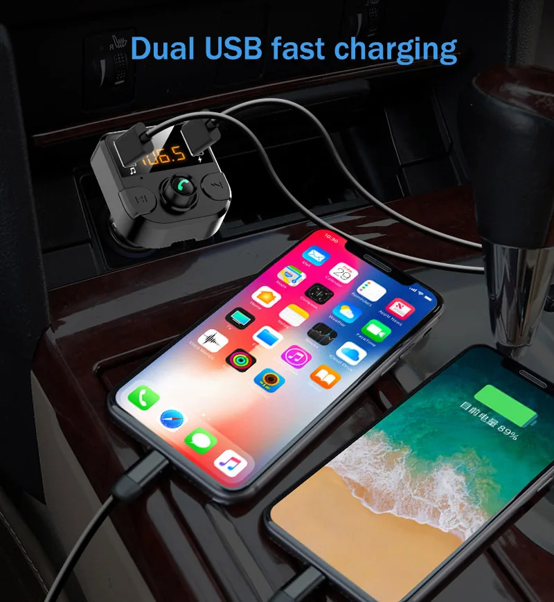 

Car Charger for iPhone Mobile Phone Handsfree FM Transmitter Bluetooth Car Kit MP3 Player Dual USB Charger with 3.1A Quick Charg