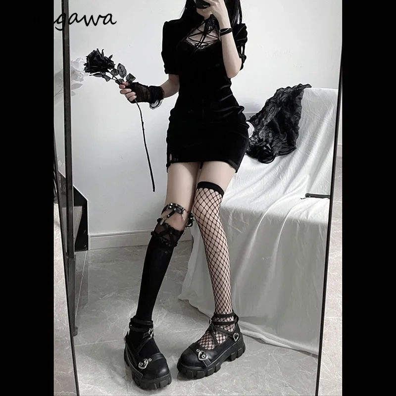 

Hikigawa Women Skinny Dress 2021 Summer Vintage Palace Improved Cheongsam Black High Waist Vestidos Slim Bodycon Party Dresses