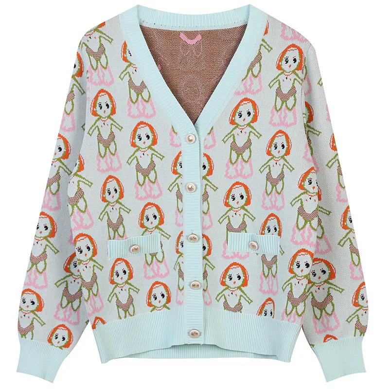 

New Women Cartoon Women Cardigan Female Long Sleeve V Neck Sweet Style Fake Pockets Printed Loose Sweater Knitted Cardigan