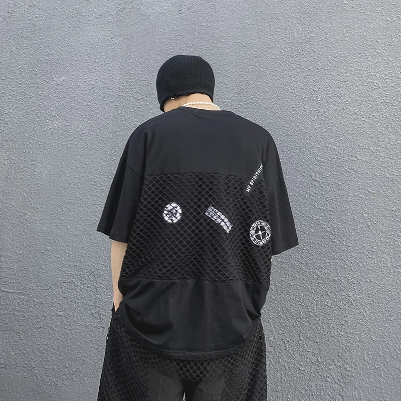 

Harajuku Mesh Letter Print Mens T Shirt High Street Cotton Oversize Short Sleeve Tees Hip Hop Loose Casual T-shirt