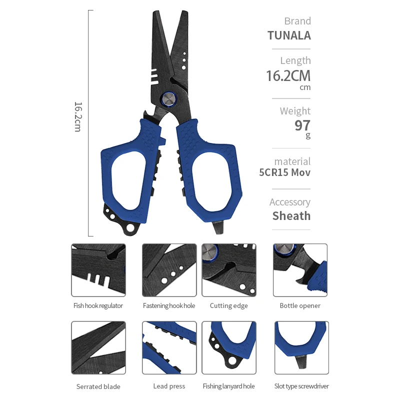 TUNALA Fishing Scissors Pliers Serated for Bait Kraton Handle Outdoor Multifunctional Tools with Sheath Hook Removal Line Cutter
