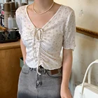 Женская блузка с V-образным вырезом, Повседневная Мягкая блузка с цветочным принтом, на завязках, лето 2021