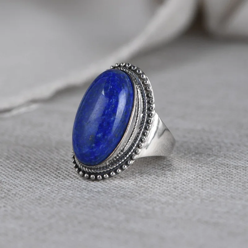 

FNJ 925 Silver Rings Lapis Lazuli 100% Real Original S925 Solid Prue Silver Ring for Women Jewelry Vintage Oval