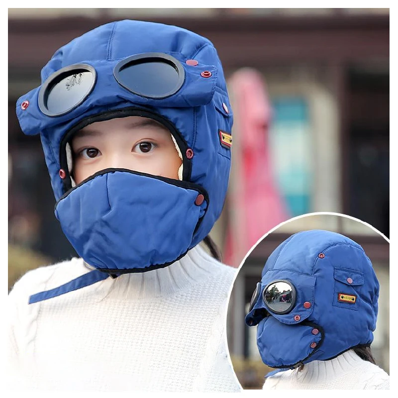 Детская зимняя теплая шапка-бомбер Балаклава маска ветрозащитная флисовая шапка